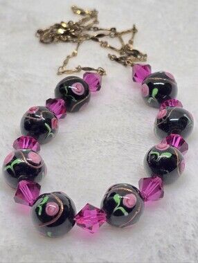 Artisan Lampwork Glass Floral Bead Necklace Pink Faceted Crystal Black Roses 20"